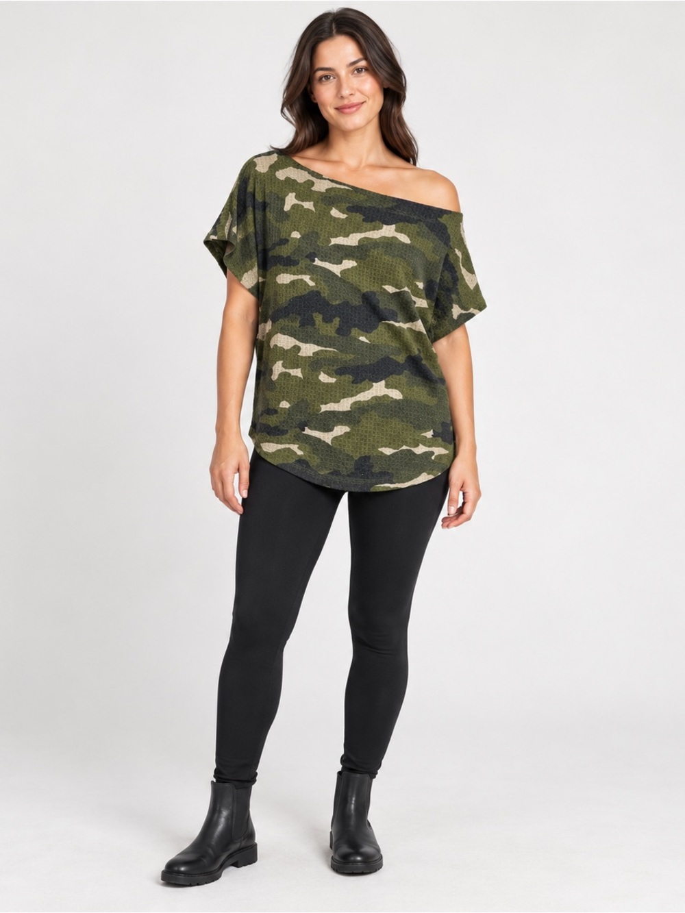 Express Camo Waffle Knit Dolman Boat Neck Top M